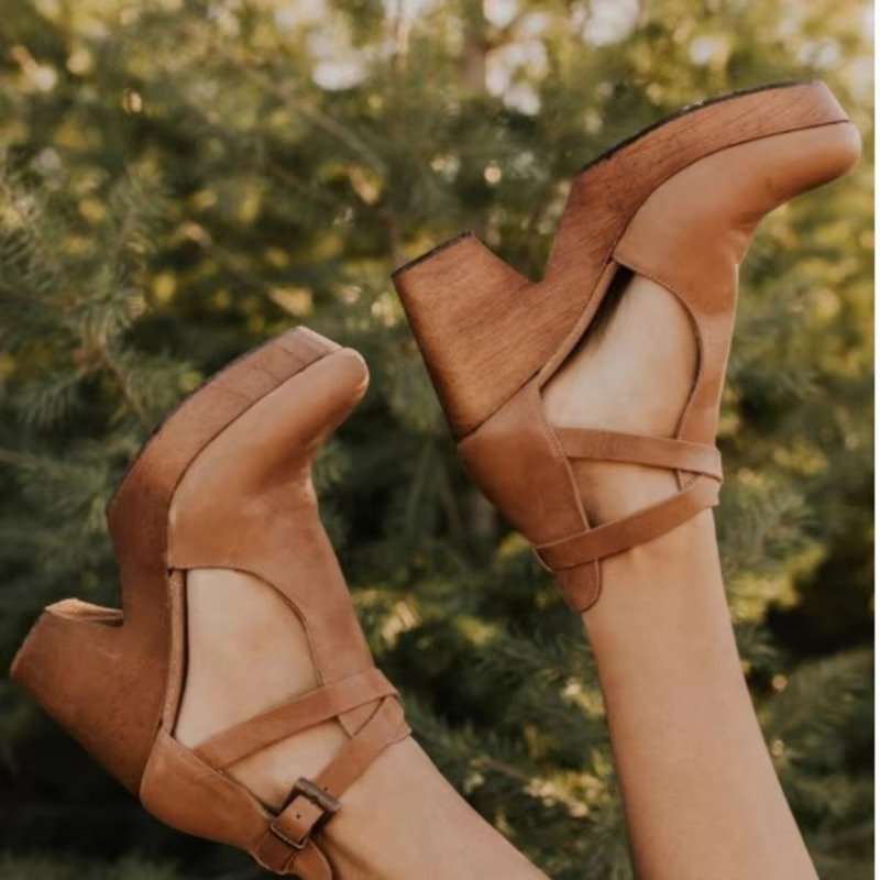 Celestine | Women's Chunky Platform Mary Jane Wooden Block Heels Front