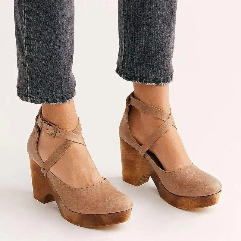 Celestine | Women's Chunky Platform Mary Jane Wooden Block Heels Side