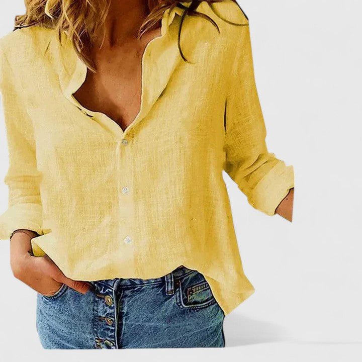 Celestine | Women's Scalloped Linen Button Shirt Close Up