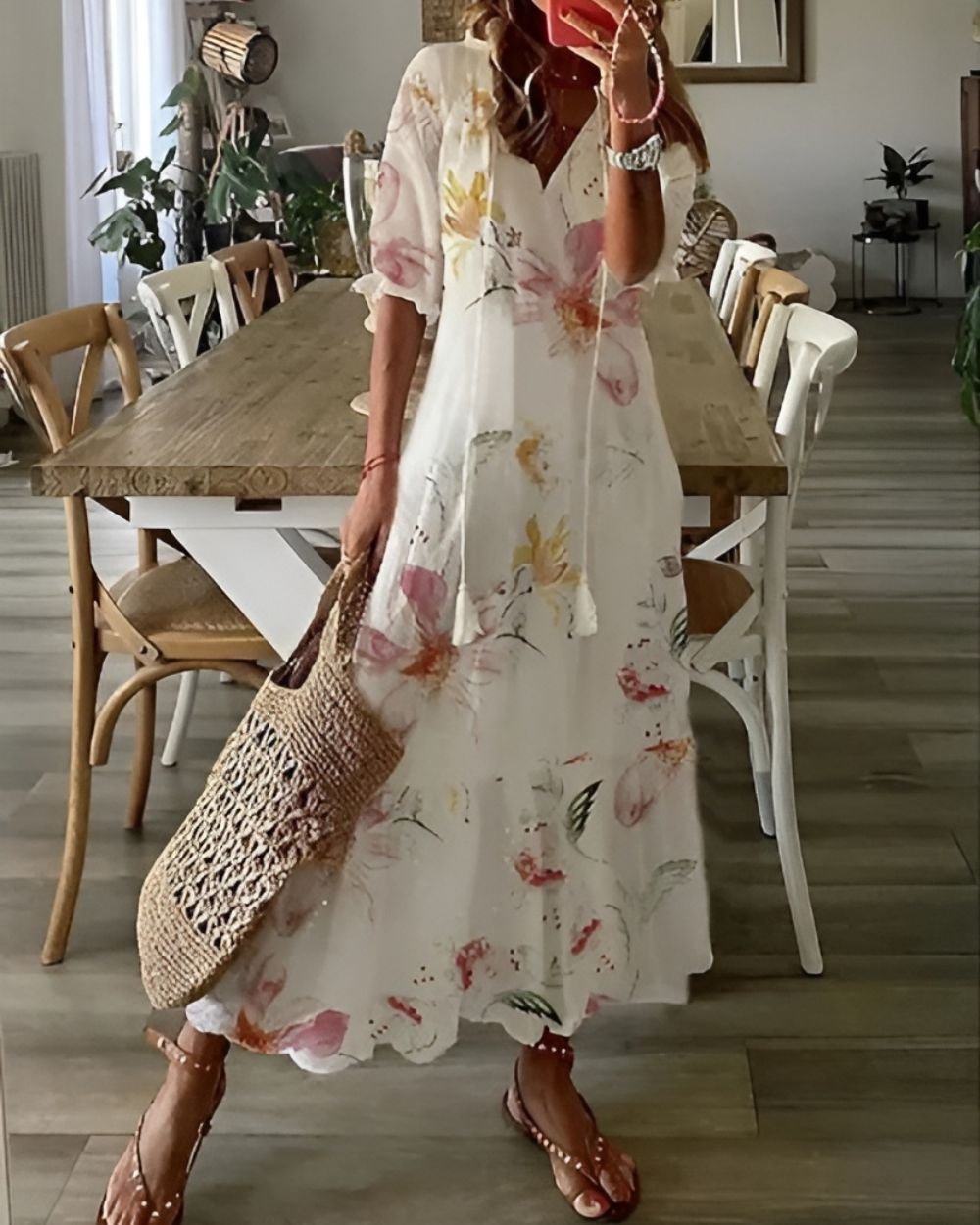 Celestria | Women's Boho Ikat Print Maxi Dress Close Up