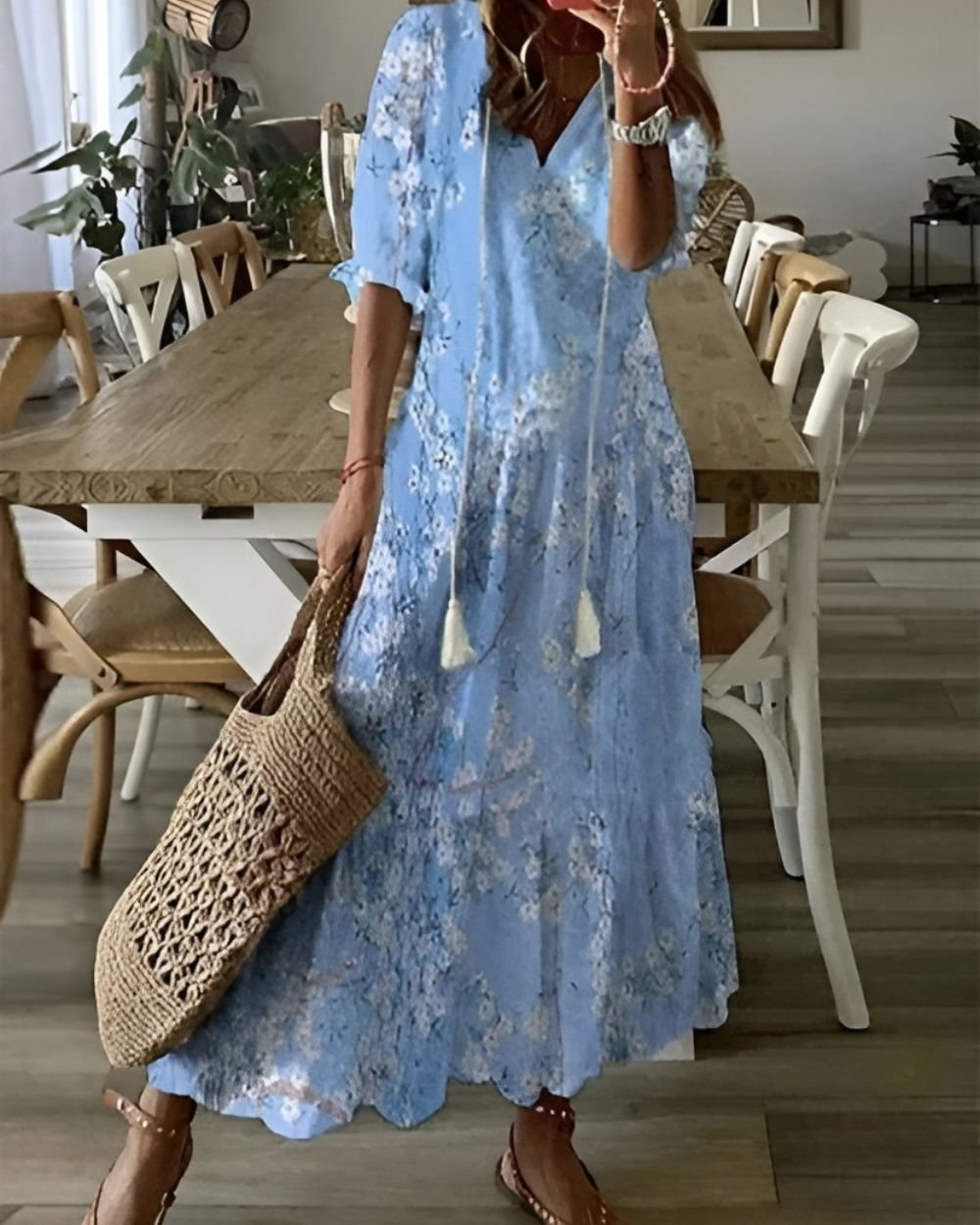 Celestria | Women's Boho Ikat Print Maxi Dress Side