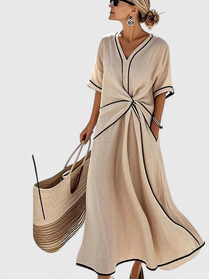 Cerelle | Women's Elegant Striped Twisted-Waist Maxi Dress Detail