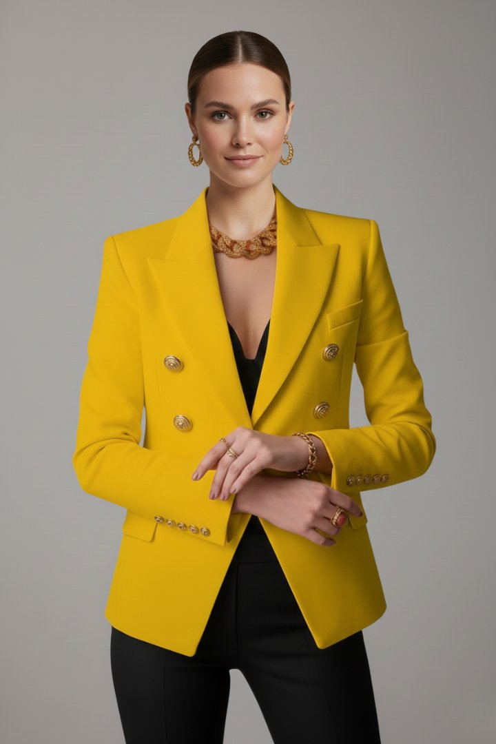 Clariel | Women's Double-Breasted Blazer Gold-Tone Button Angle