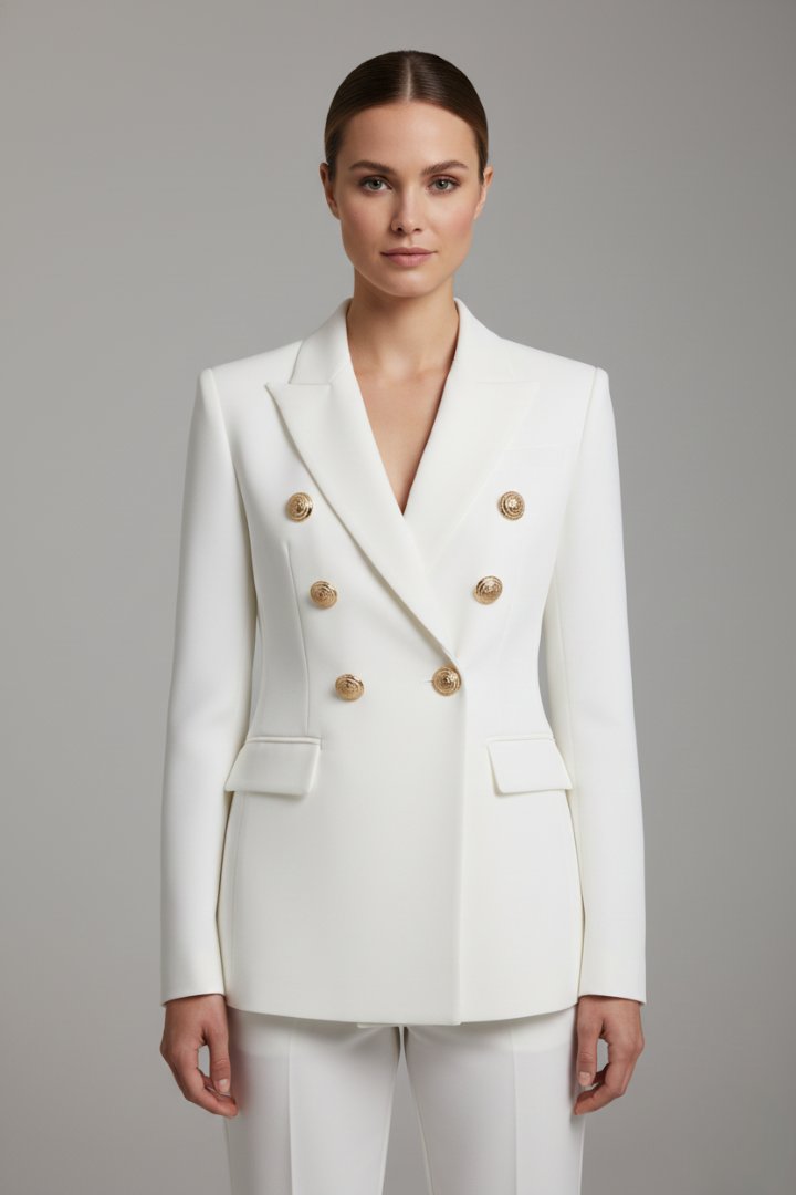 Clariel | Women's Double-Breasted Blazer Gold-Tone Button Close Up