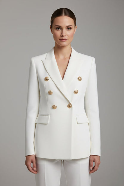 Clariel | Women's Double-Breasted Blazer Gold-Tone Button Close Up