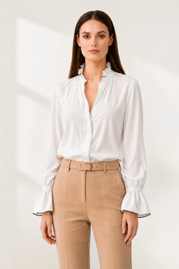 Blouse blanche pour femme à manches longues avec fermeture éclair devant