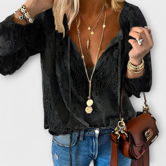 Corinna | Women's Sophisticated Tie-Neck Short Sleeve Blouse Front