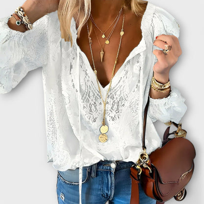 Corinna | Women's Sophisticated Tie-Neck Short Sleeve Blouse Hero