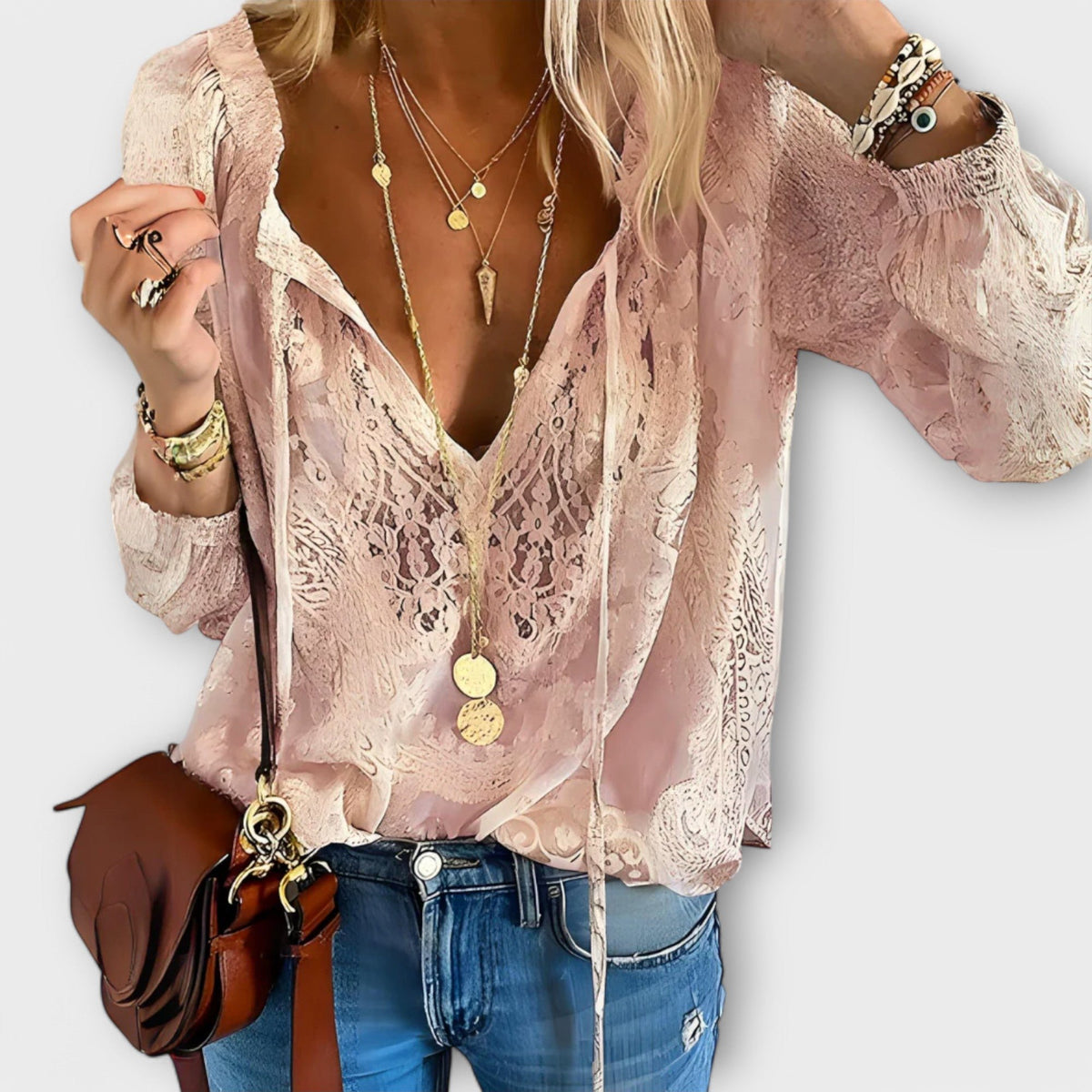Corinna | Women's Sophisticated Tie-Neck Short Sleeve Blouse Side
