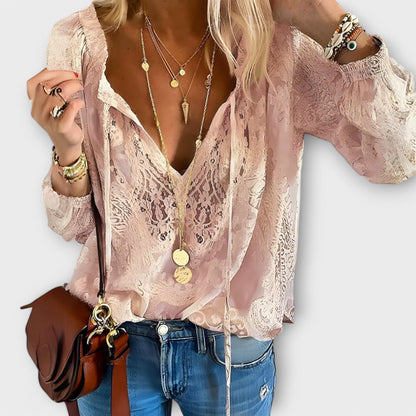 Corinna | Women's Sophisticated Tie-Neck Short Sleeve Blouse Side