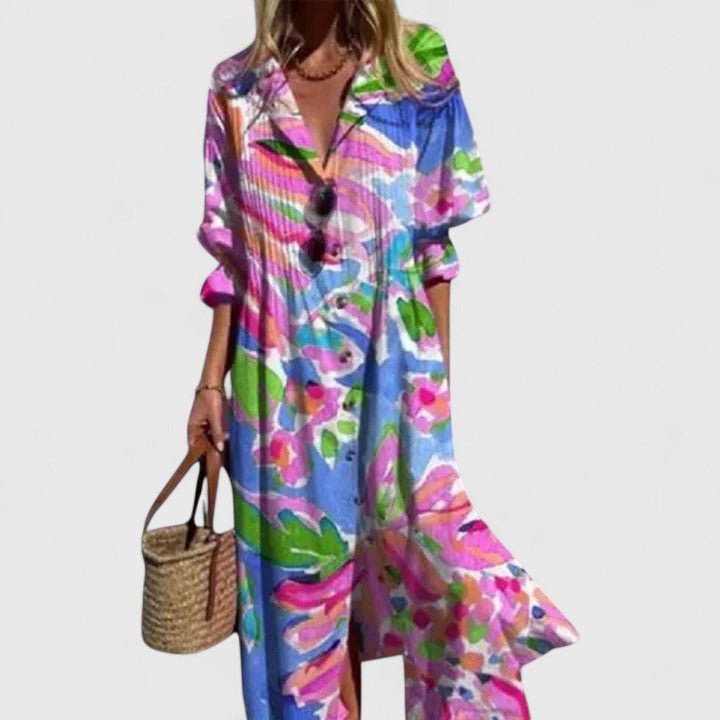 Elowen | Women's Elegant Boho Maxi Dress Leaf Print Back