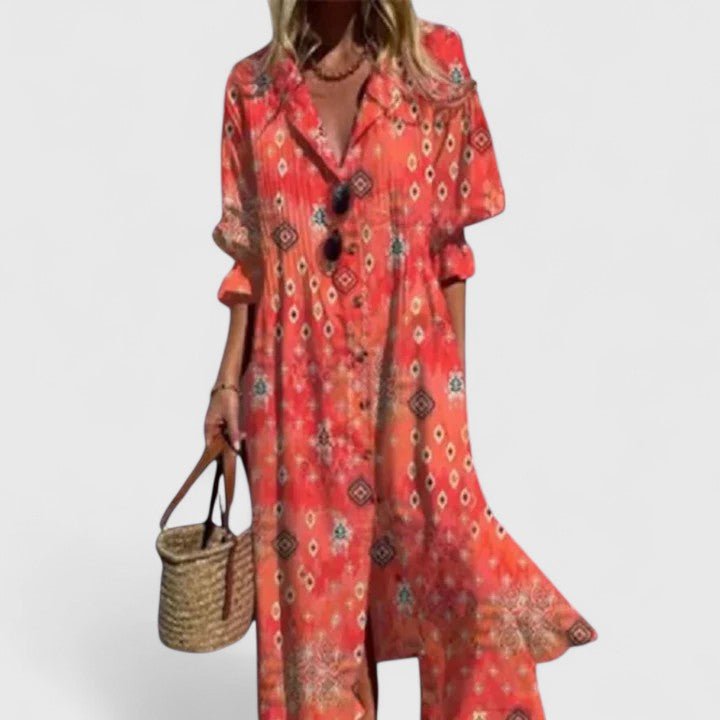 Elowen | Women's Elegant Boho Maxi Dress Leaf Print Close Up