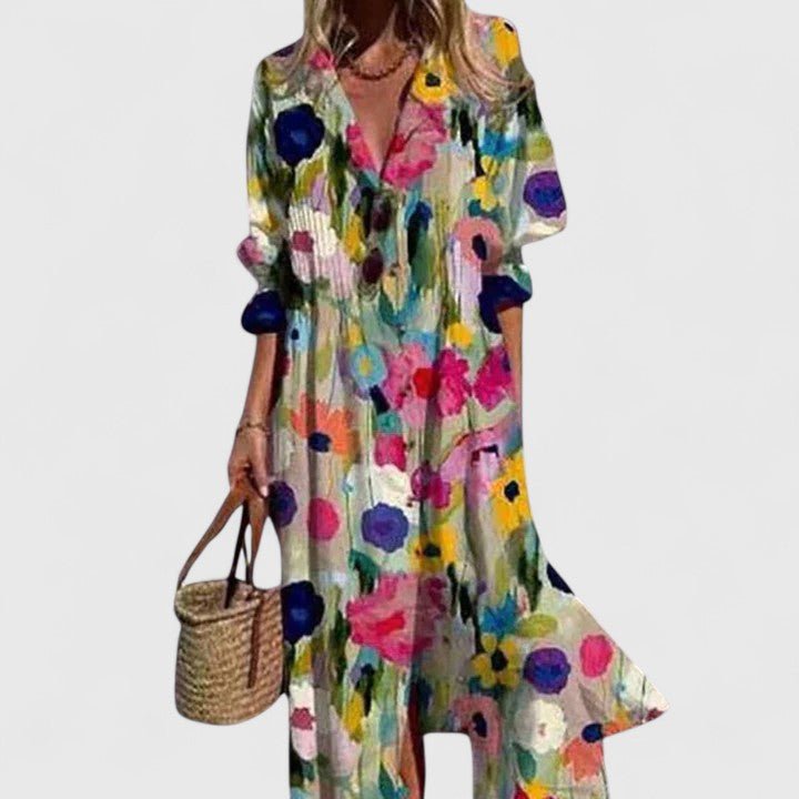 Elowen | Women's Elegant Boho Maxi Dress Leaf Print Detail