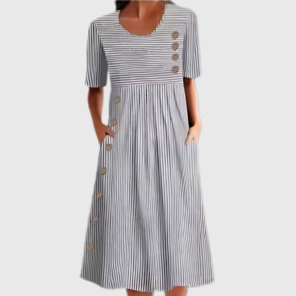 Faye | Women's Striped Midi Dress Buttons Front