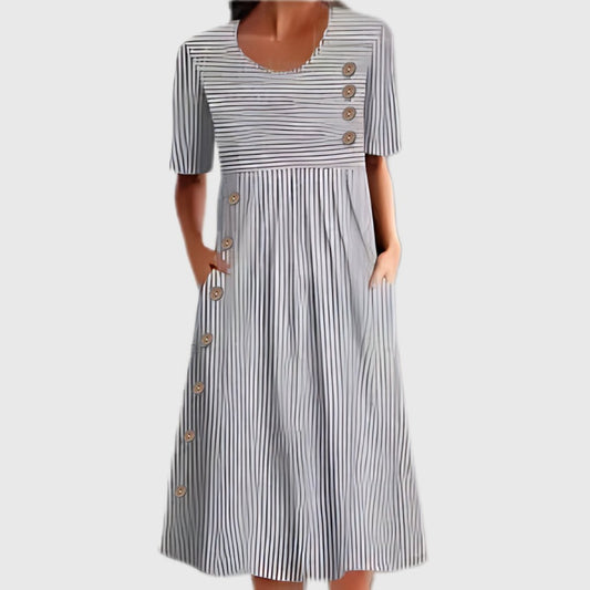 Faye | Women's Striped Midi Dress Buttons Front