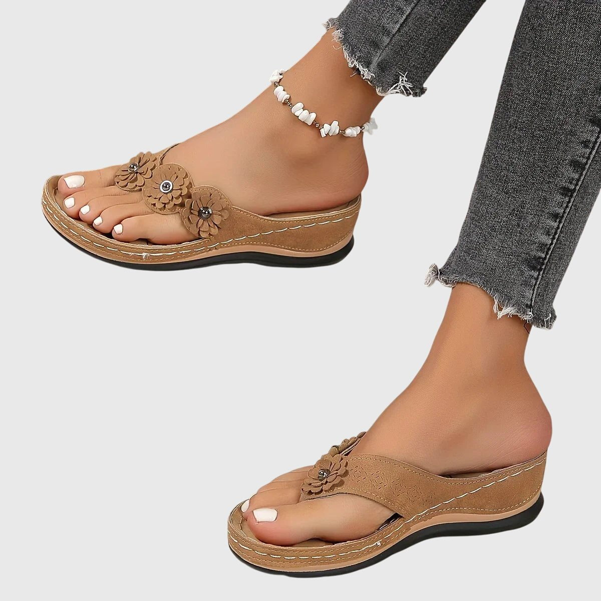 Florette | Women's Orthopedic Flower Embellished Flip Flops Close Up