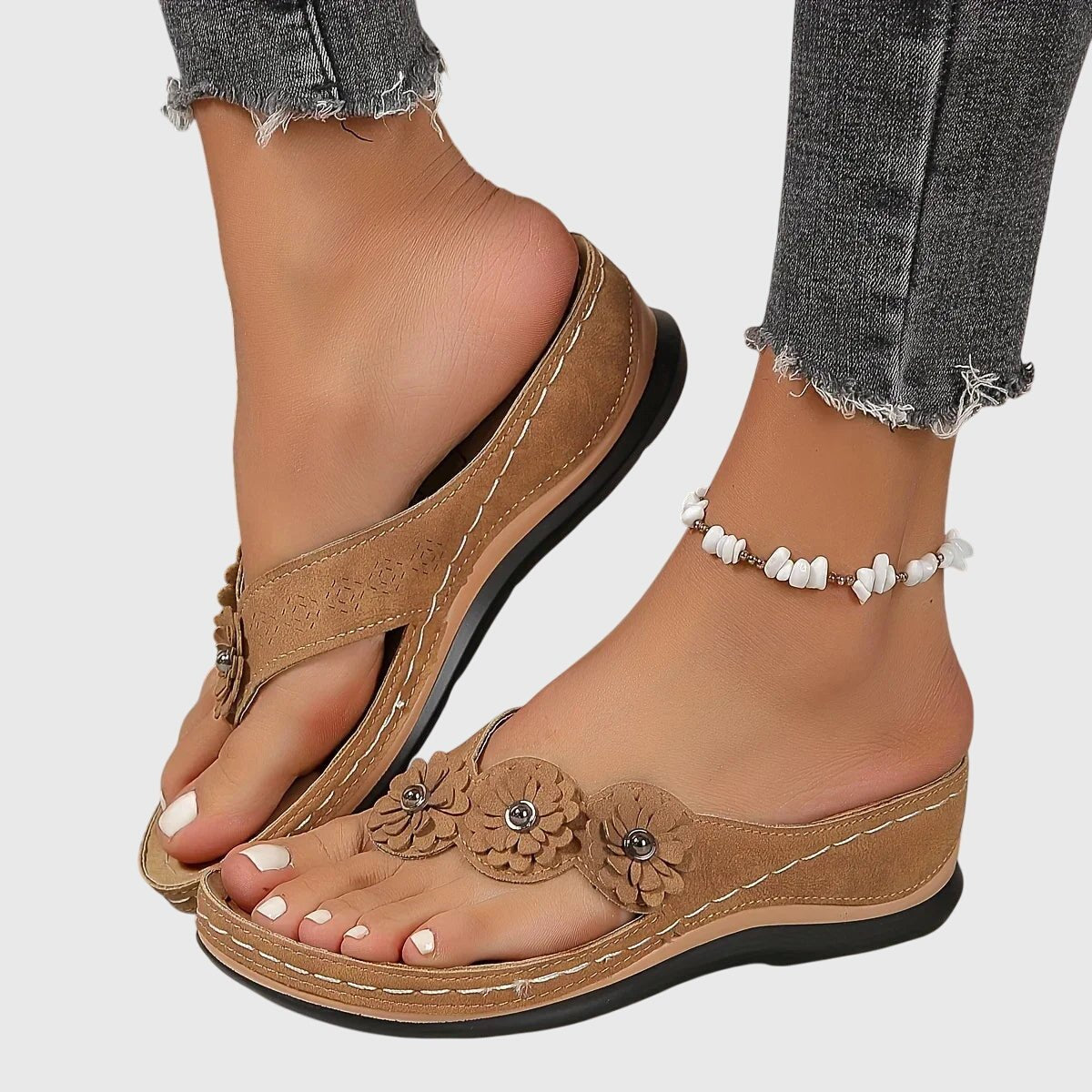 Florette | Women's Orthopedic Flower Embellished Flip Flops Side