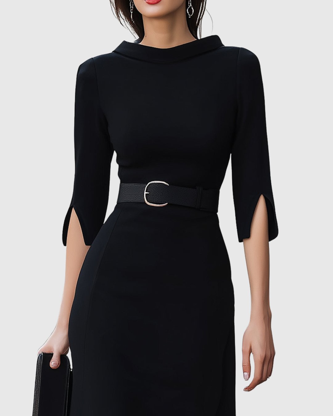 Halcine | Women's Classic Black Midi Dress Split Sleeve Detail