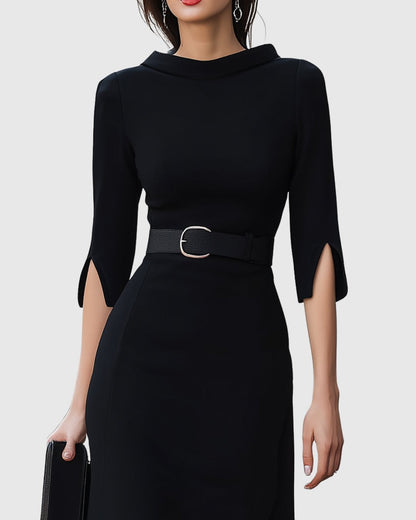 Halcine | Women's Classic Black Midi Dress Split Sleeve Detail