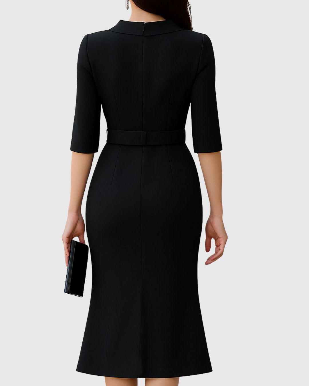 Halcine | Women's Classic Black Midi Dress Split Sleeve Front
