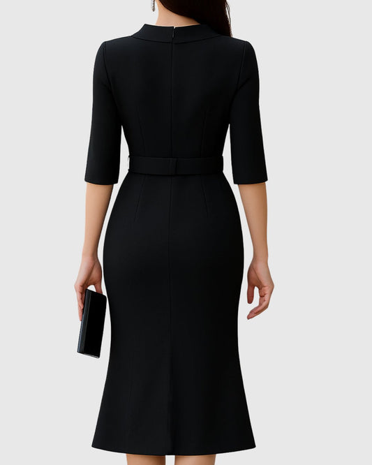 Halcine | Women's Classic Black Midi Dress Split Sleeve Front