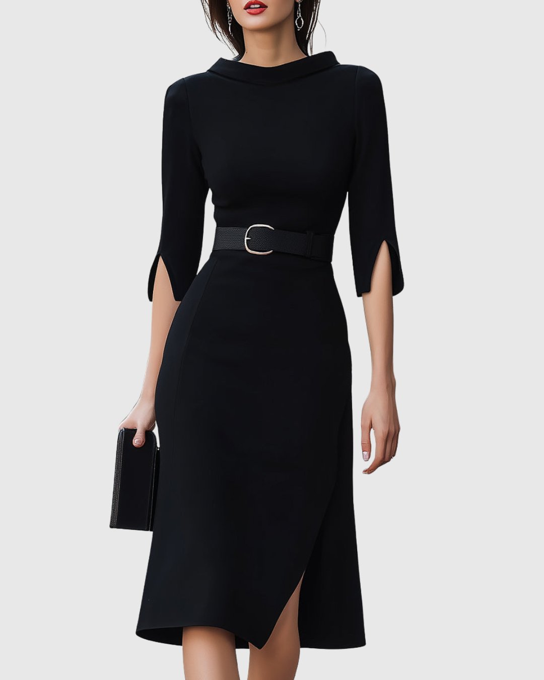 Halcine | Women's Classic Black Midi Dress Split Sleeve Hero