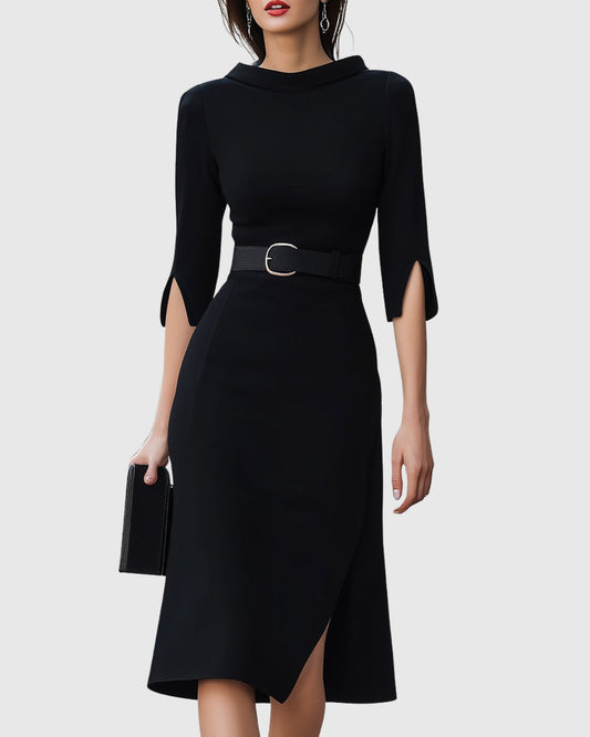 Halcine | Women's Classic Black Midi Dress Split Sleeve Hero