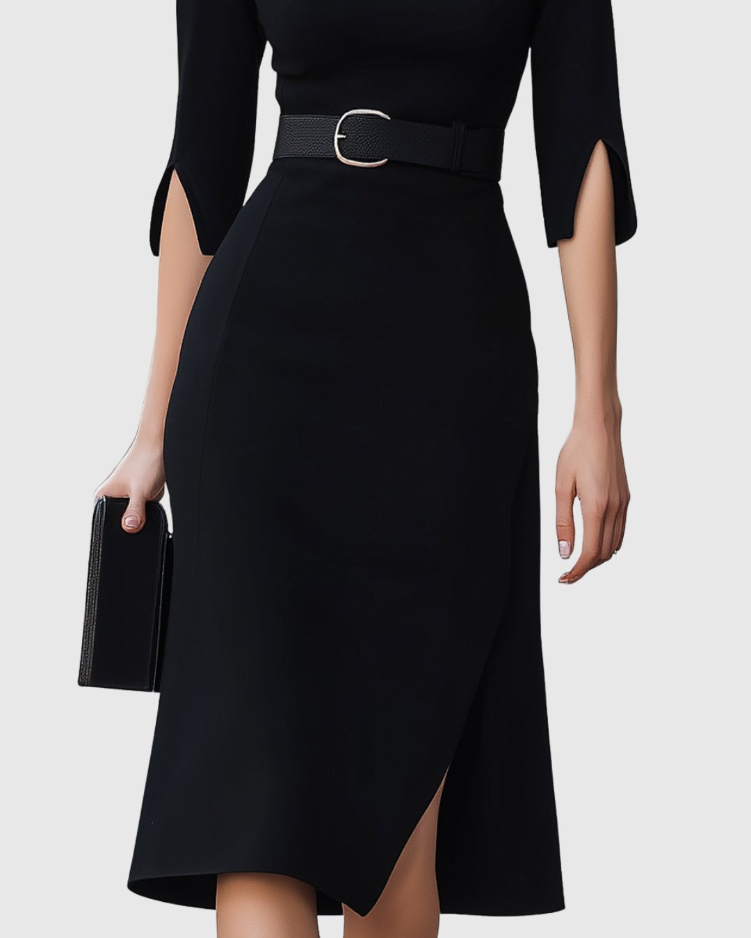 Halcine | Women's Classic Black Midi Dress Split Sleeve Side
