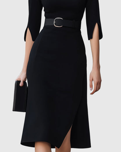 Halcine | Women's Classic Black Midi Dress Split Sleeve Side