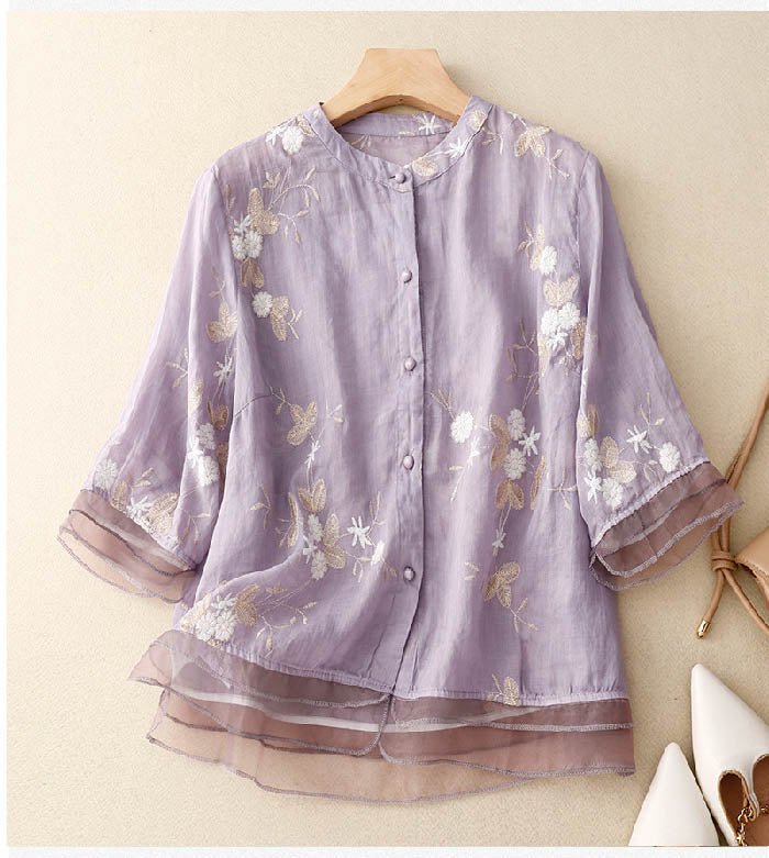 Iris | Women's Chic Floral Blouse Mesh Hem Close Up