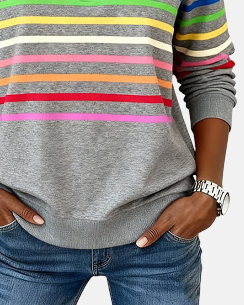 Juno | Women's Rainbow Striped Zip Sweatshirt Angle