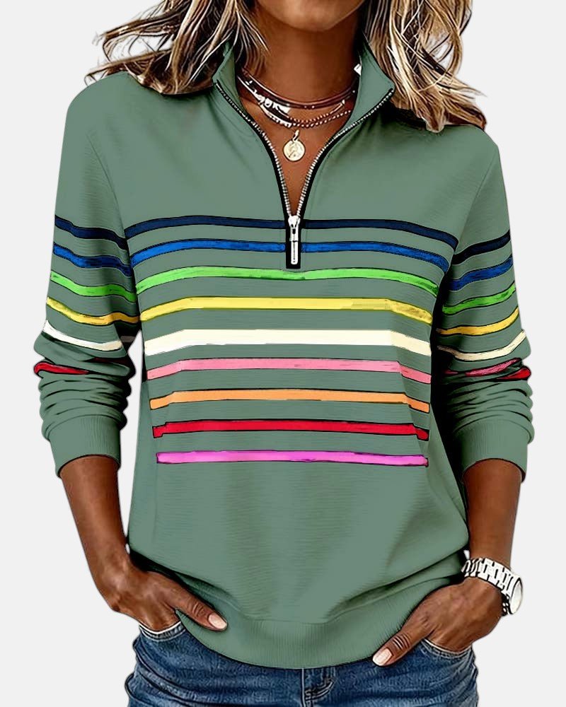 Juno | Women's Rainbow Striped Zip Sweatshirt Close Up