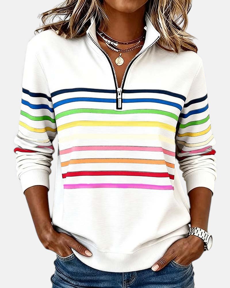 Juno | Women's Rainbow Striped Zip Sweatshirt Detail