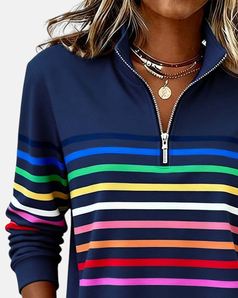 Juno | Women's Rainbow Striped Zip Sweatshirt Full