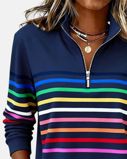Juno | Women's Rainbow Striped Zip Sweatshirt Full
