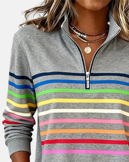 Juno | Women's Rainbow Striped Zip Sweatshirt Lifestyle