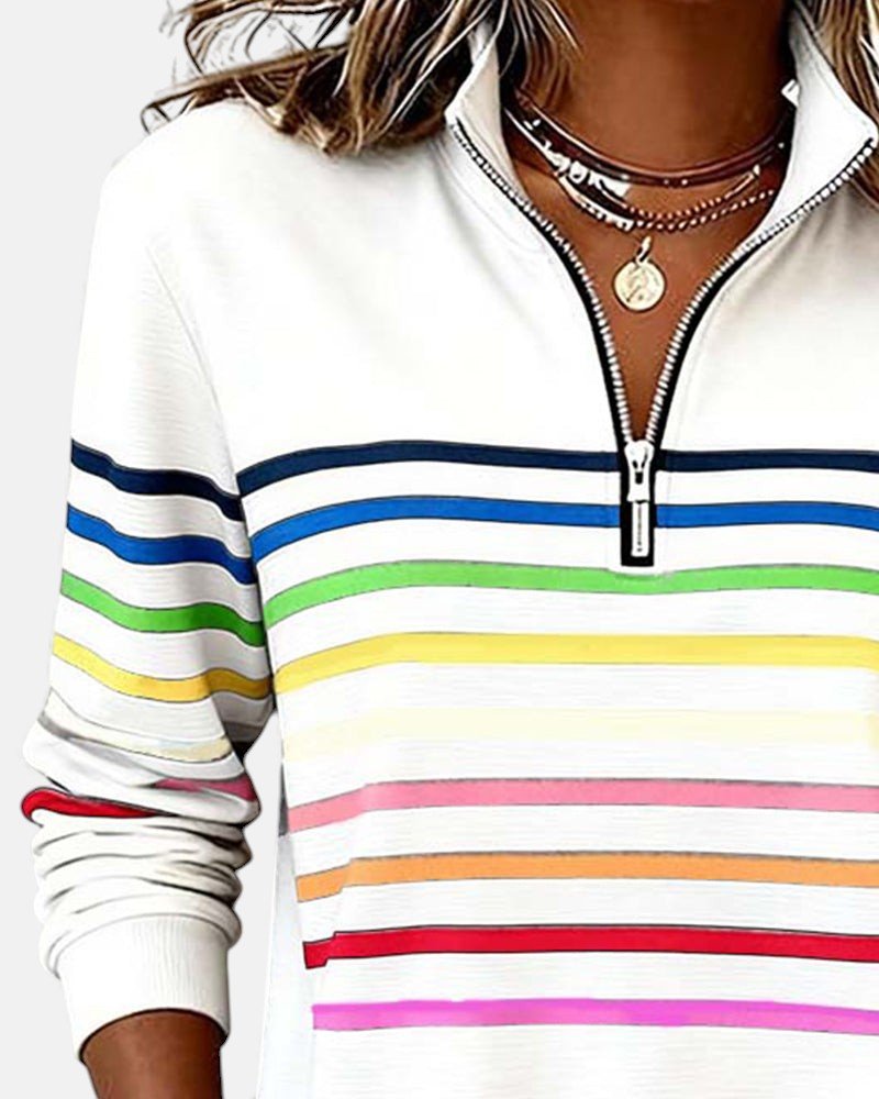 Juno | Women's Rainbow Striped Zip Sweatshirt View 11