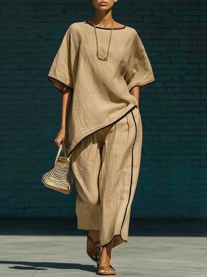 Lara | Women's Piped Linen Cropped Pant Set Close Up