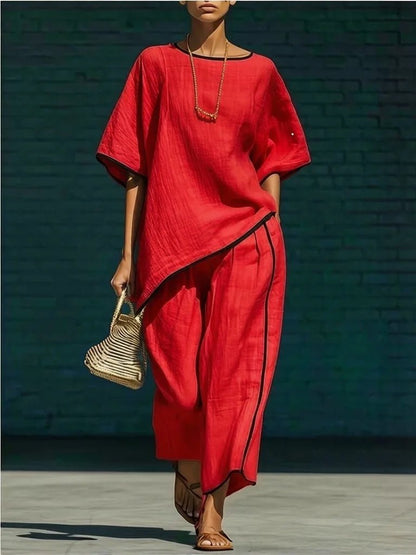 Lara | Women's Piped Linen Cropped Pant Set Detail