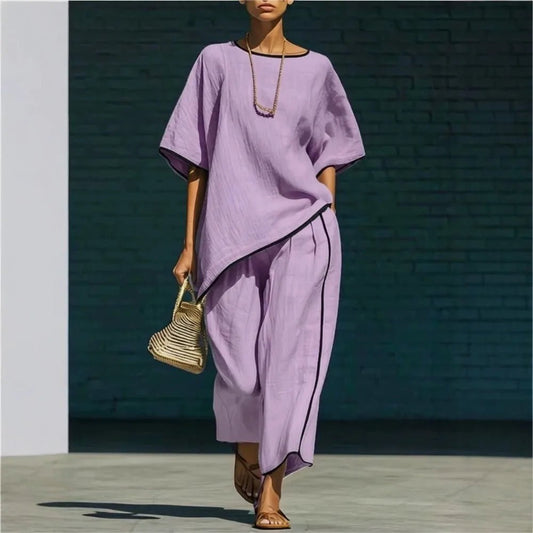 Lara | Women's Piped Linen Cropped Pant Set Front