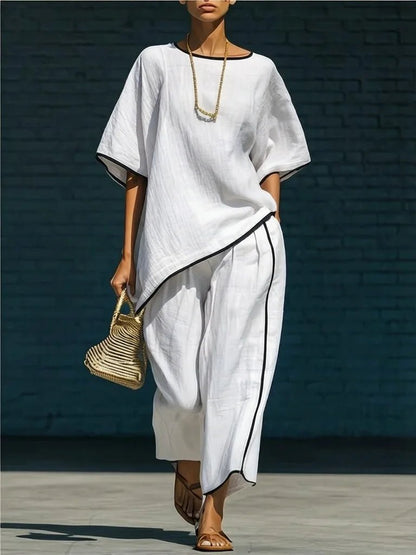 Lara | Women's Piped Linen Cropped Pant Set Side