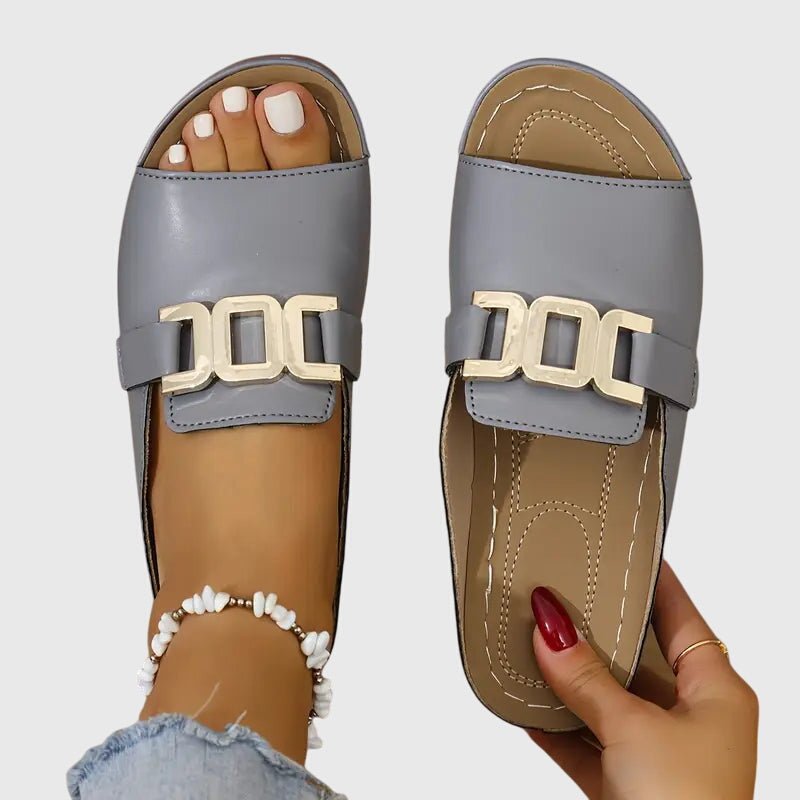 Liora | Women's Comfy Buckle Gold Chain Sandals Close Up