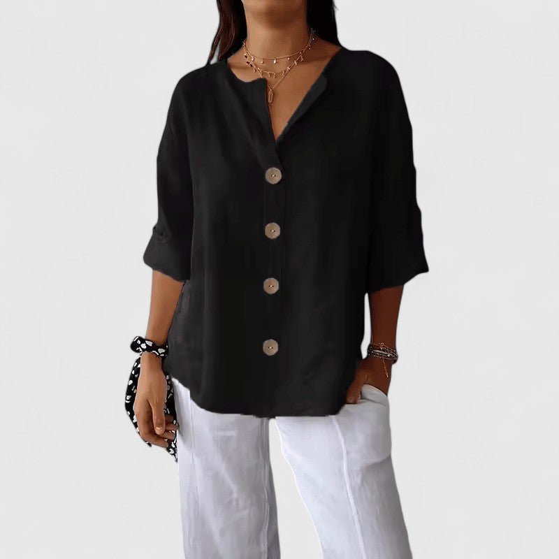 Lorelle | Women's Elegant Blouse Button-Front Short Sleeve Close Up