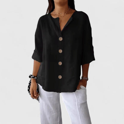 Lorelle | Women's Elegant Blouse Button-Front Short Sleeve Close Up