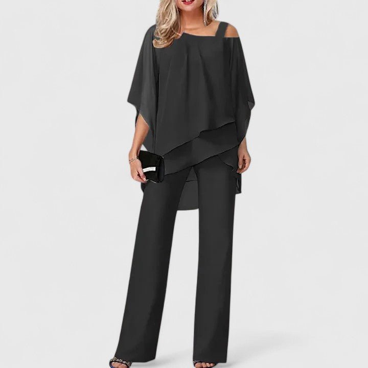 Mirelle | Women's Elegant Chiffon Overlay Two-Piece Pant Set Back