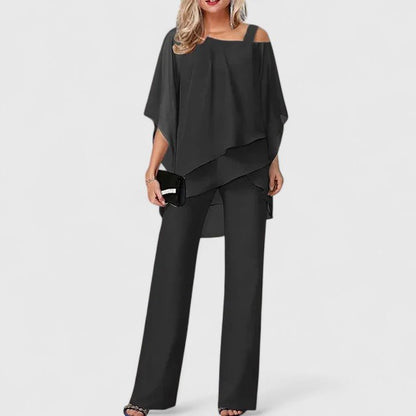 Mirelle | Women's Elegant Chiffon Overlay Two-Piece Pant Set Back