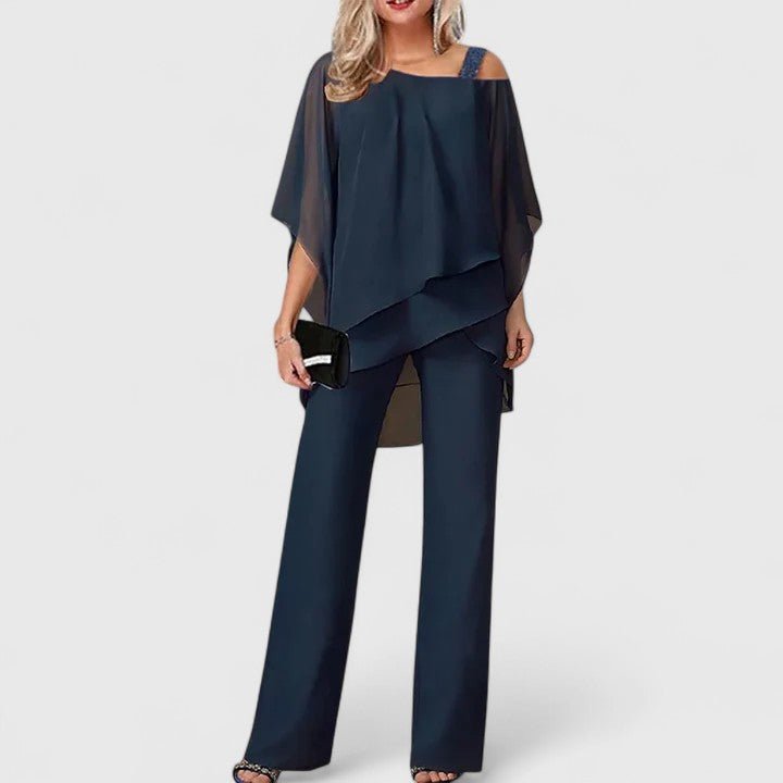 Mirelle | Women's Elegant Chiffon Overlay Two-Piece Pant Set Side