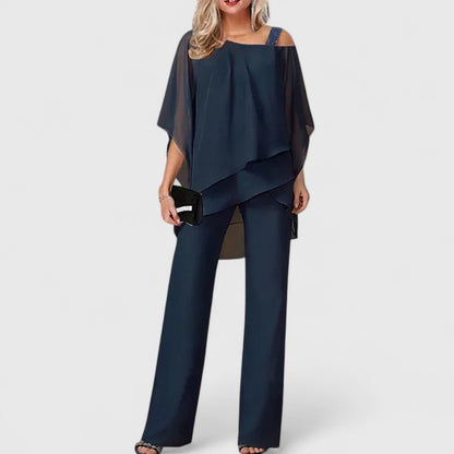 Mirelle | Women's Elegant Chiffon Overlay Two-Piece Pant Set Side