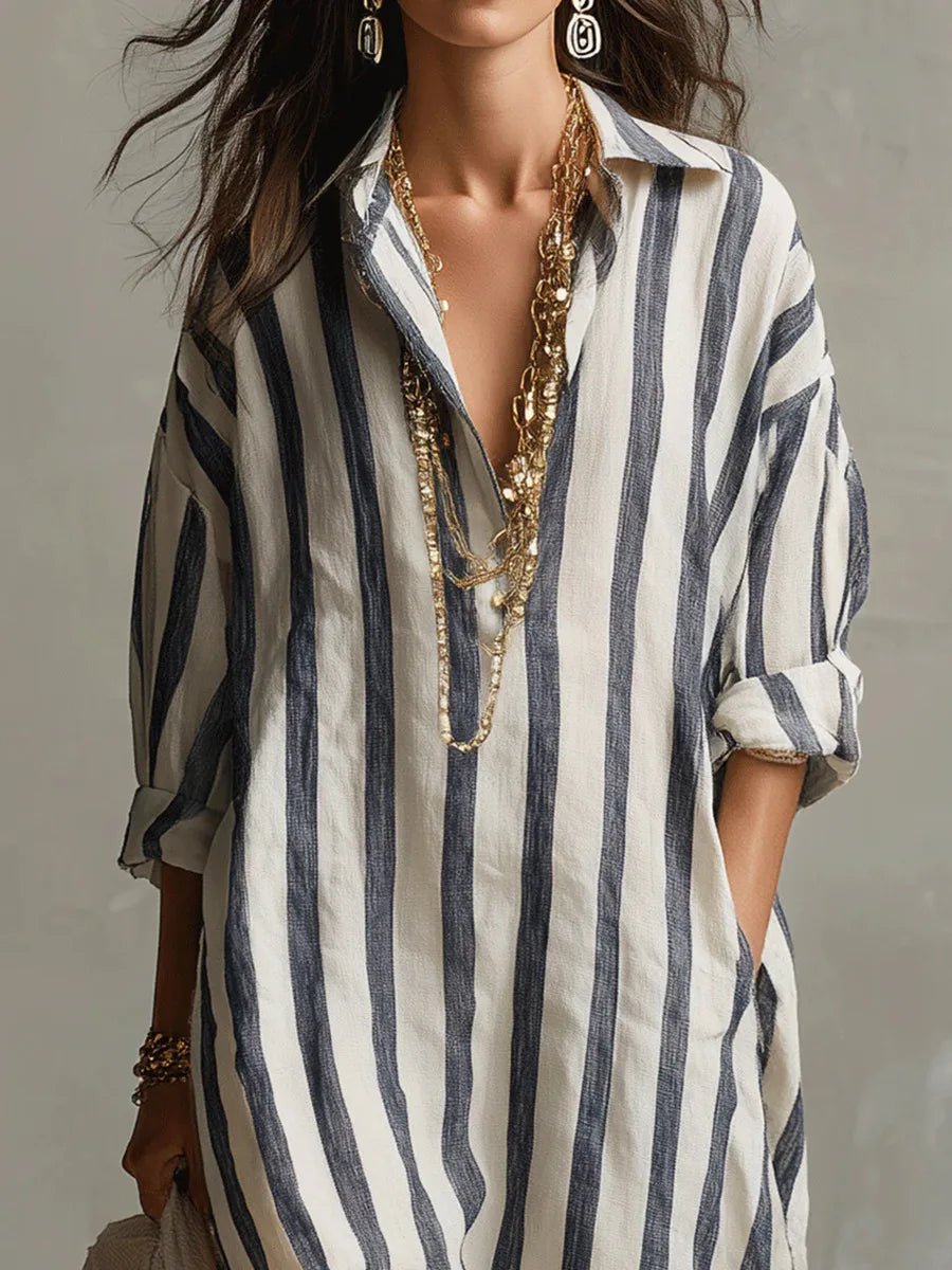 Opal | Women's Striped Linen Shirt Dress Detail