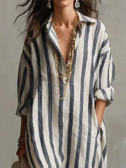 Opal | Women's Striped Linen Shirt Dress Detail